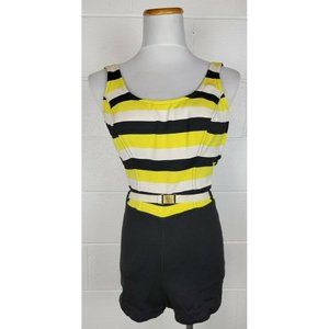 Vintage 60s Catalina Womens One Piece‎ Swimsuit Yellow Black Stripe 12